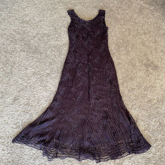 VINTAGE SOULMATES 100% Silk Purple Beaded Lace Slip On Maxi Length Dress Size XL - Picture 9 of 11